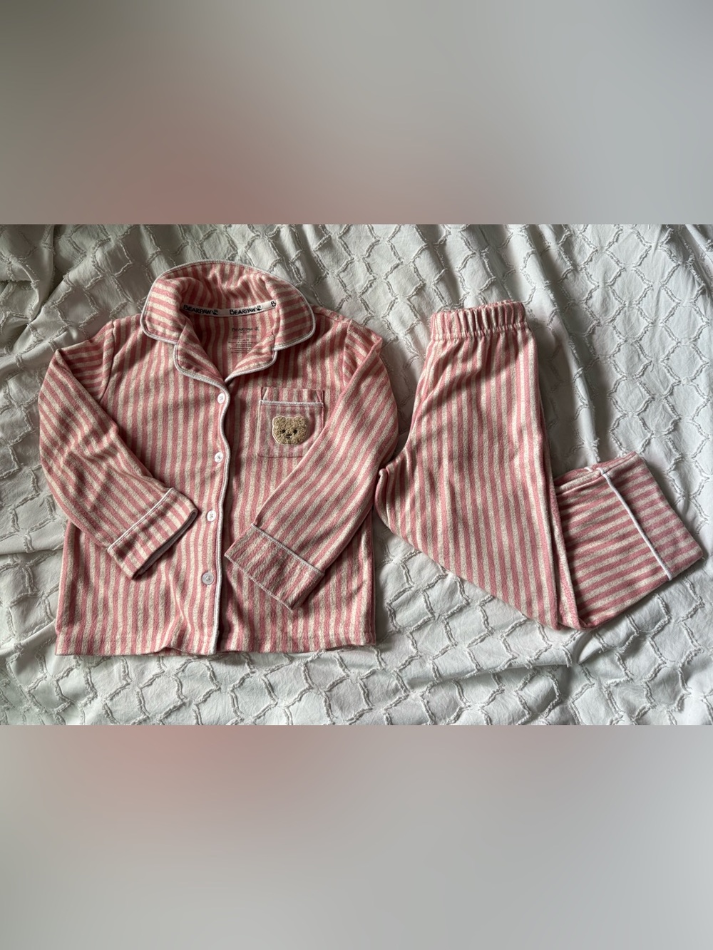 BearPaw Girls Pink and Cream Striped Pajama Set with Bear Pocket